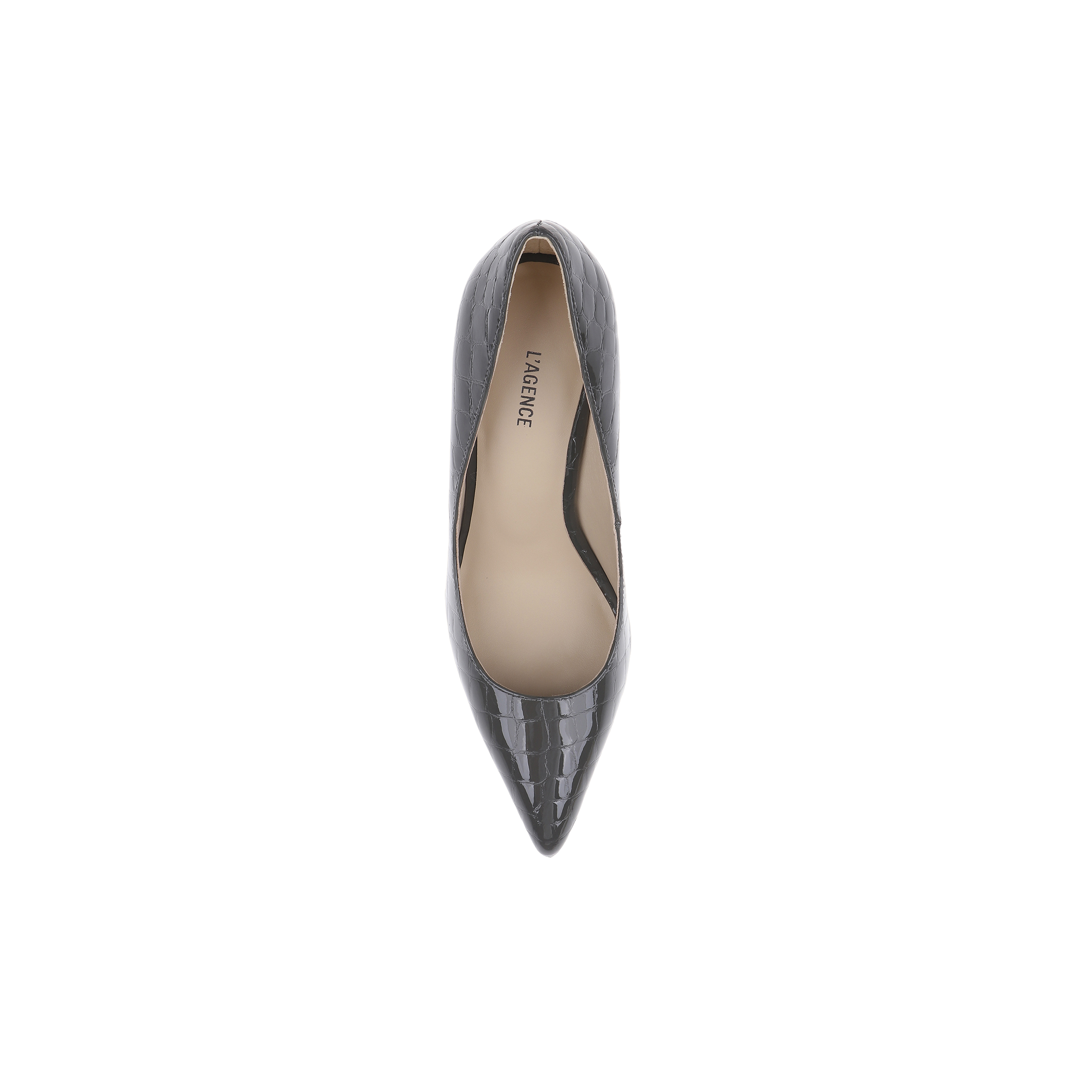 Top view of a single Maelle Leather Pump in black crocodile-embossed leather with a pointed toe and stiletto heel, displayed on a plain white background. The insole features the brand name VALENCE.