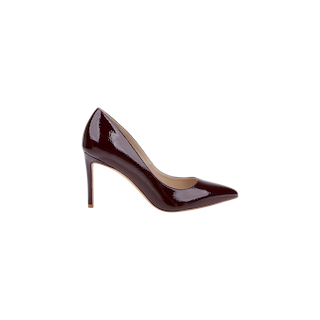 A single Maelle Leather Pump in wine-red patent leather with a pointed toe, elegantly photographed against a white background.