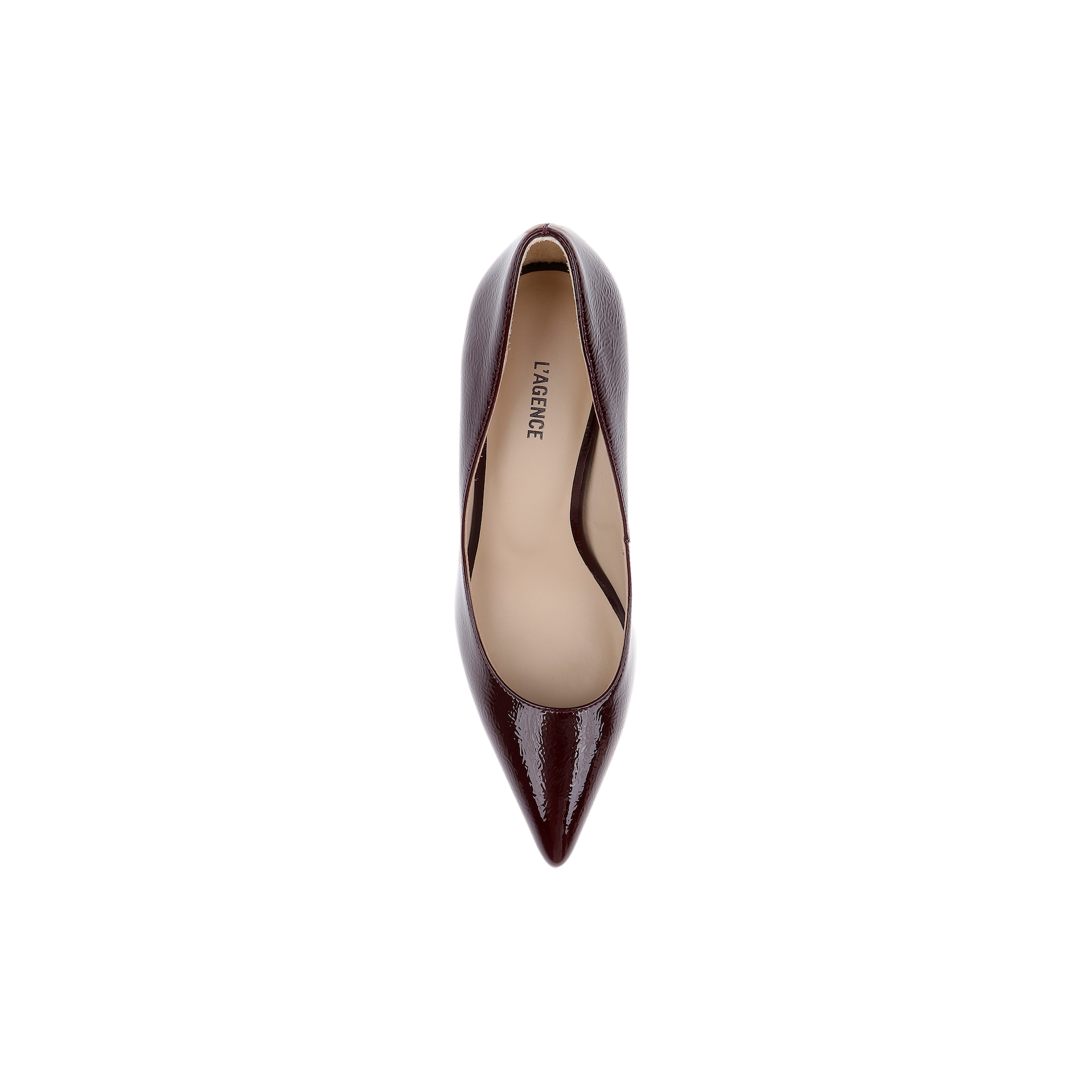 A single Maelle Leather Pump in dark brown patent leather, showcasing its pointed-toe design, is viewed from above and isolated on a white background.