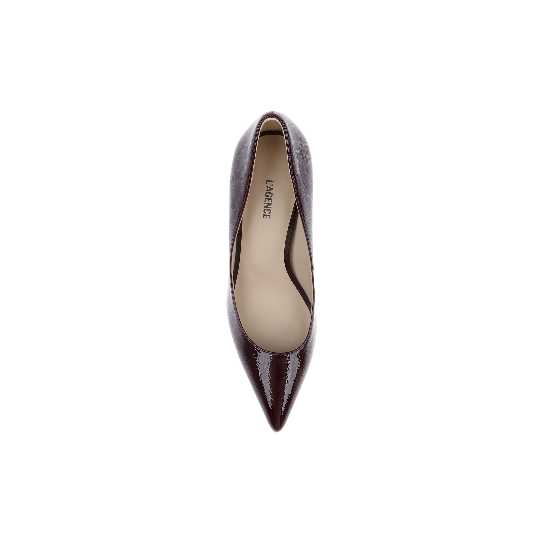 A single Maelle Leather Pump in dark brown patent leather, showcasing its pointed-toe design, is viewed from above and isolated on a white background.