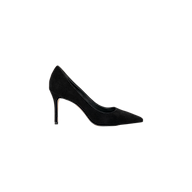 The Maelle Suede Pump, a black classic design featuring a pointed toe and sleek stiletto heel, is displayed in profile against a plain light gray background.