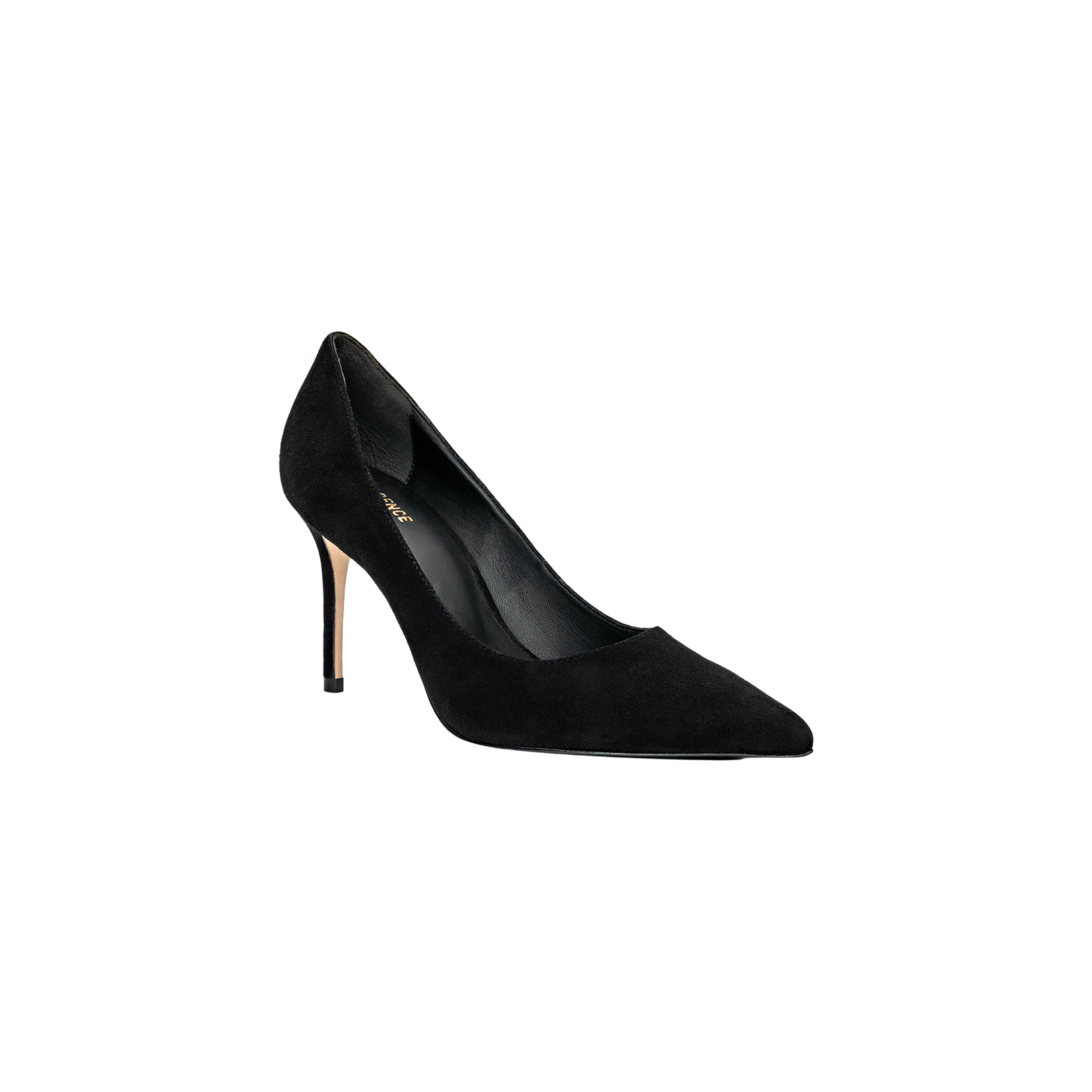 The Maelle Suede Pump, featuring a black suede finish, pointed toe, and stiletto heel, is displayed on a plain white background.