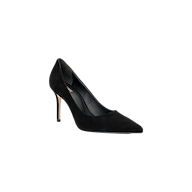 The Maelle Suede Pump, featuring a black suede finish, pointed toe, and stiletto heel, is displayed on a plain white background.