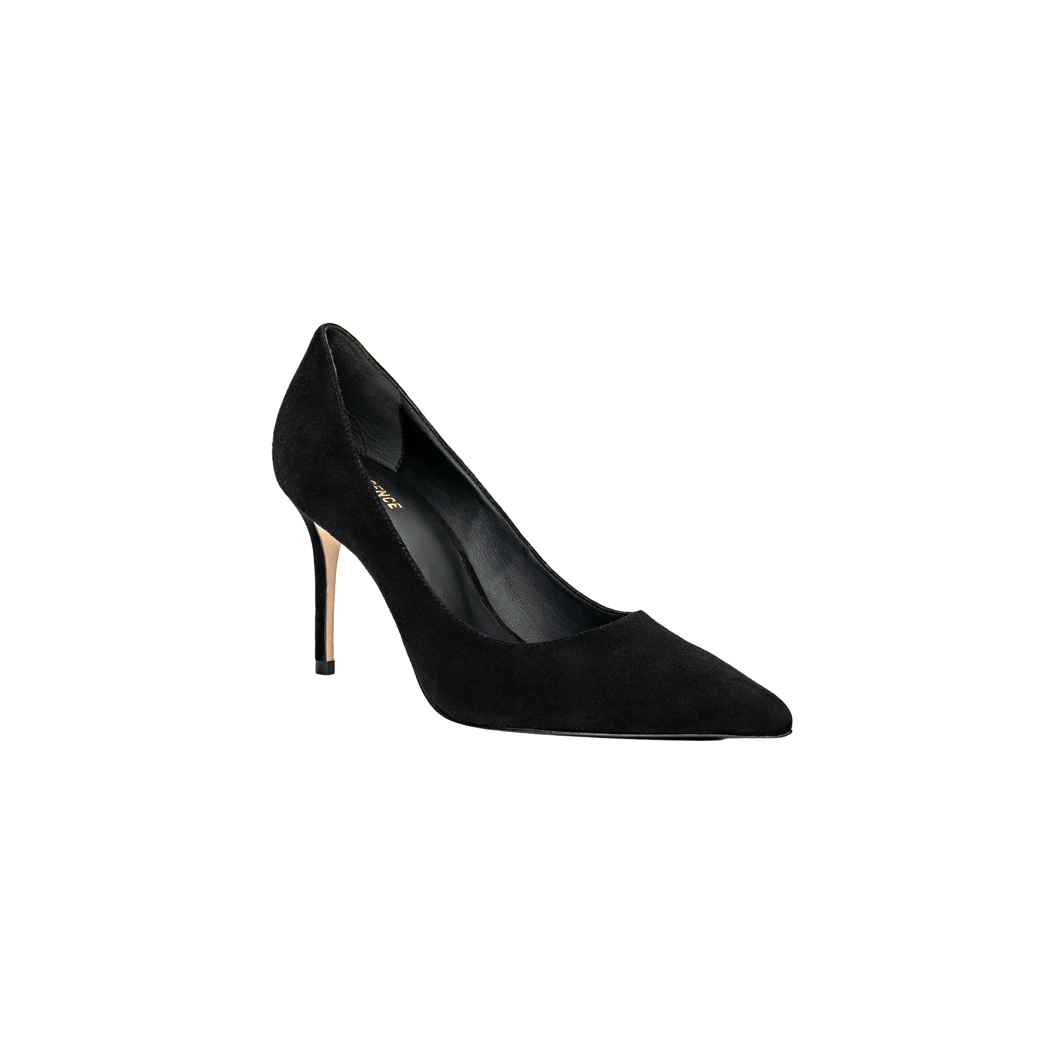 The Maelle Suede Pump, featuring a black suede finish, pointed toe, and stiletto heel, is displayed on a plain white background.