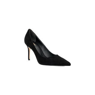 Classic and elegant, the Maelle Suede Pump in black features a pointed toe and a slim stiletto heel, beautifully displayed on a plain white background.