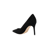 Maelle Suede Pump in black suede, featuring a pointed toe, displayed from the back to highlight its curved stiletto heel and tan sole against a white background.