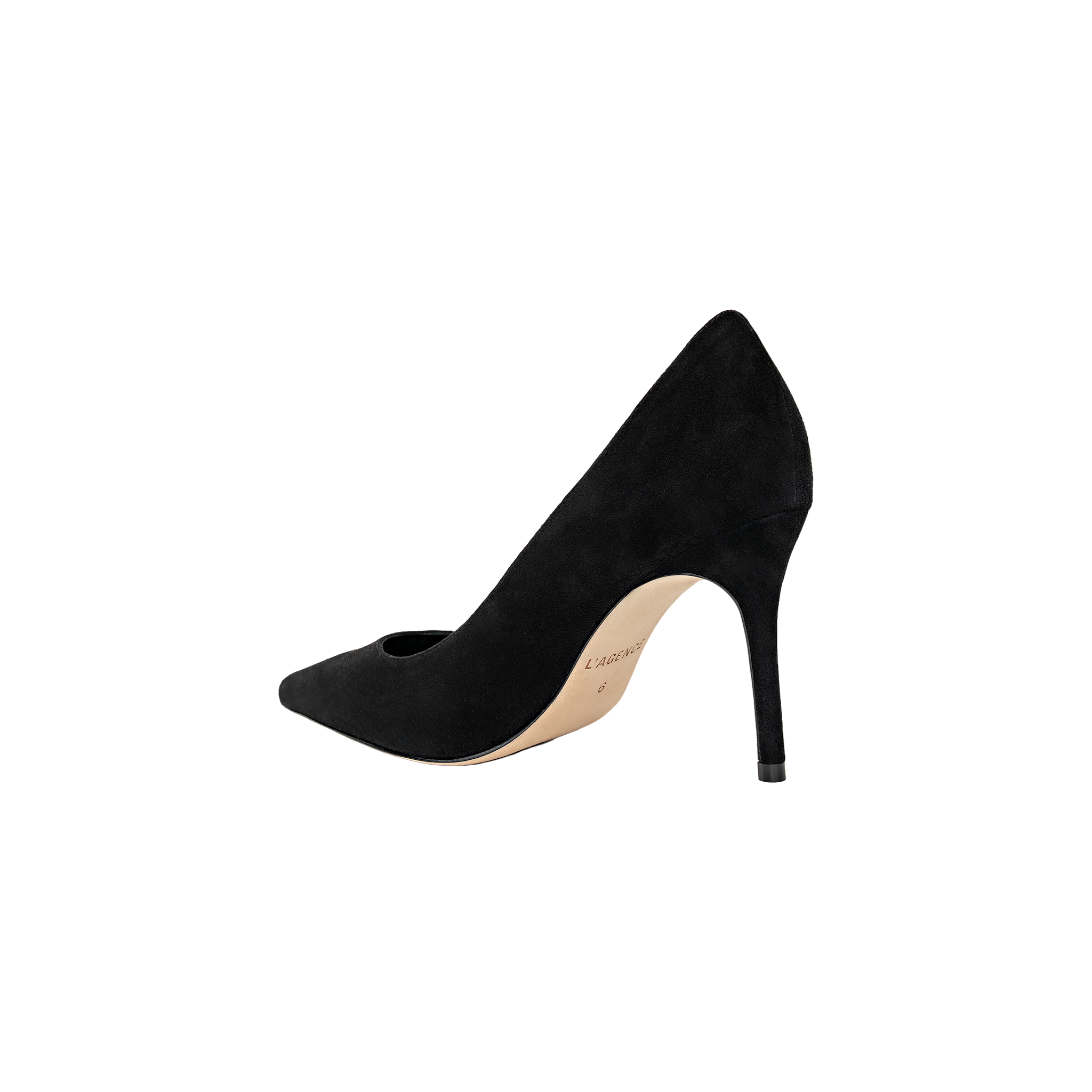 Maelle Suede Pump in black suede, featuring a pointed toe, displayed from the back to highlight its curved stiletto heel and tan sole against a white background.