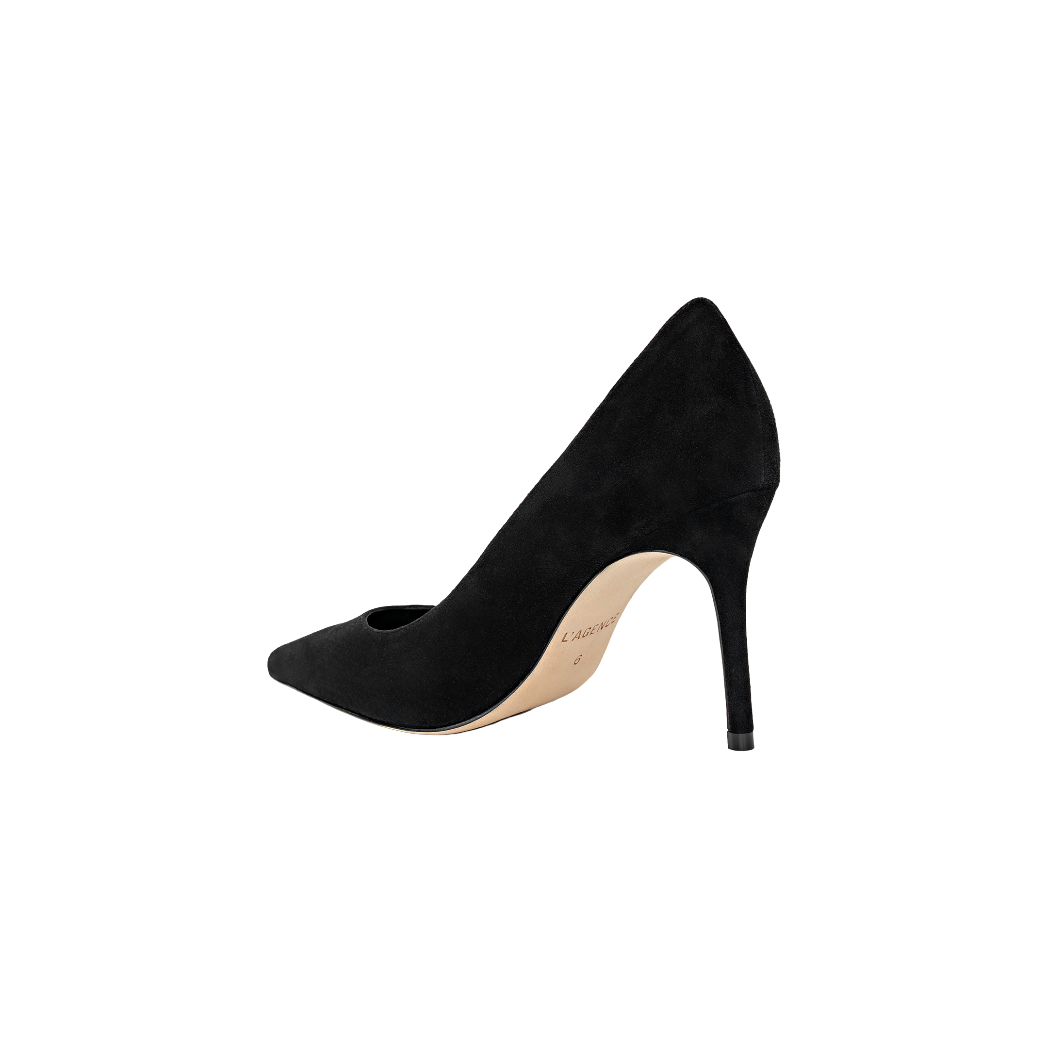 Maelle Suede Pump in black suede, featuring a pointed toe, displayed from the back to highlight its curved stiletto heel and tan sole against a white background.