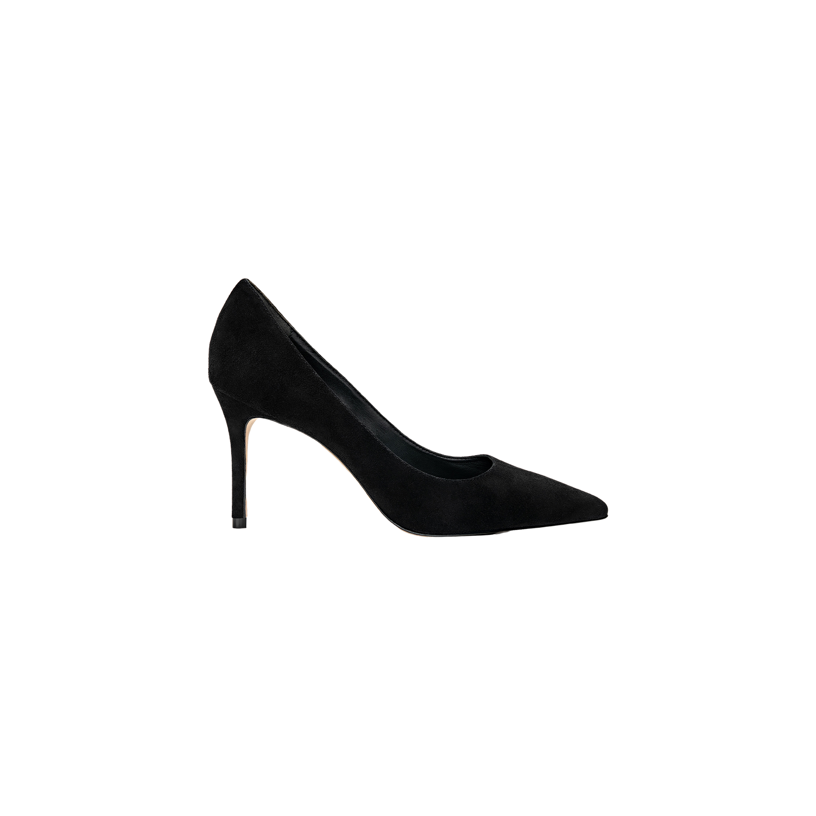 The Maelle Suede Pump features black suede, a pointed toe, and a stiletto heel, shown in a side view against a plain white background.