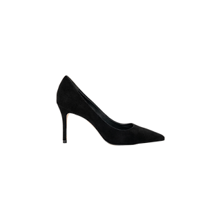 The Maelle Suede Pump is a single black high-heeled shoe featuring a pointed toe and an elegant stiletto heel, displayed from the side on a plain light background.