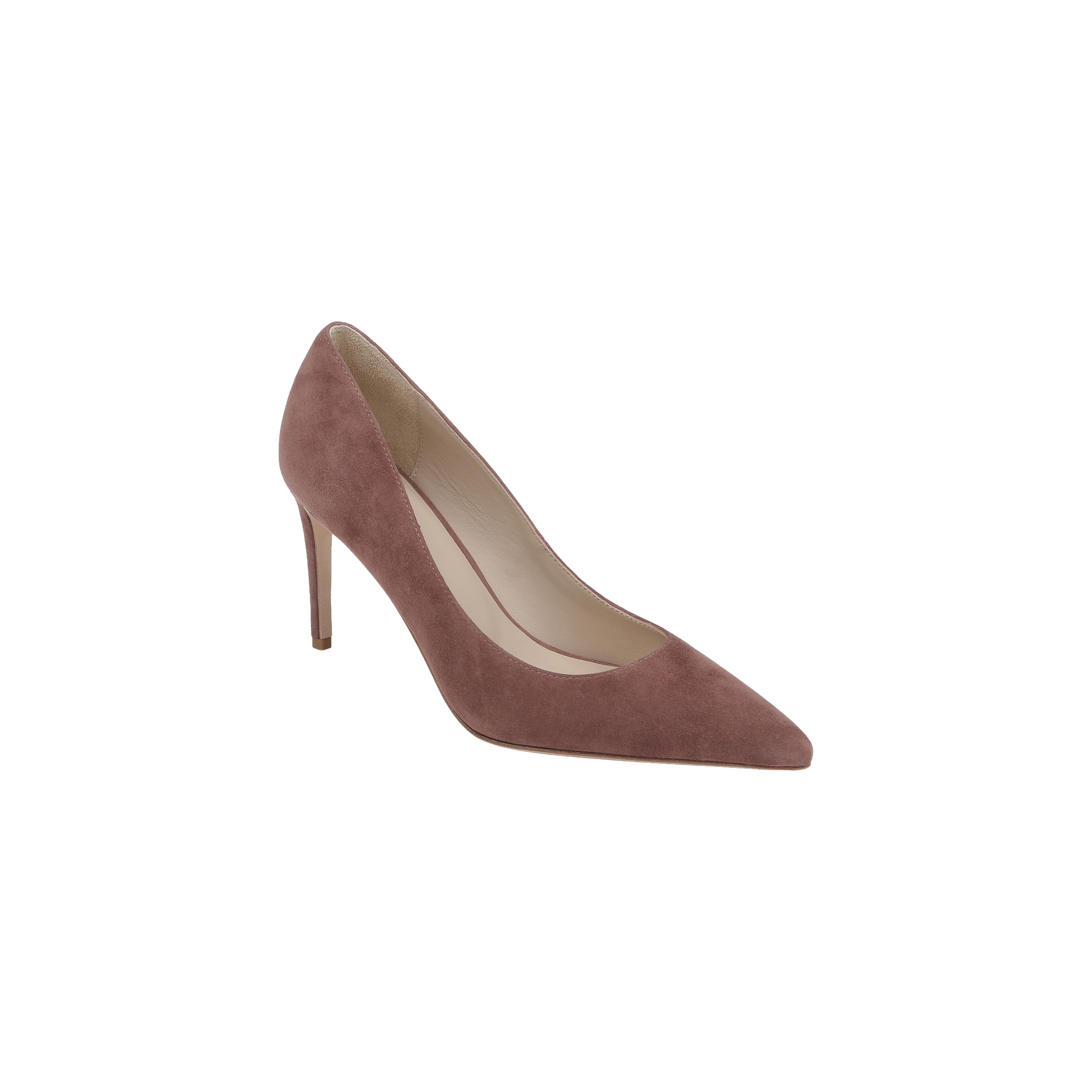 The Maelle Suede Pump, a single mauve classic stiletto with a pointed toe, is displayed against a plain white background.