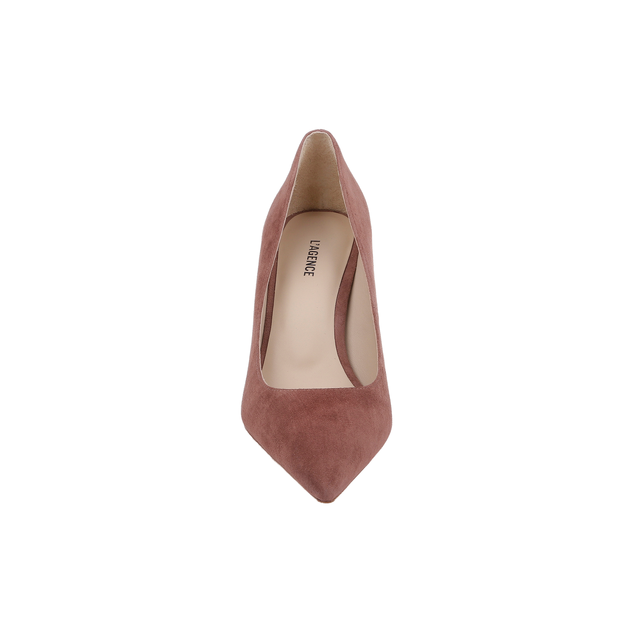 A single mauve-colored Maelle Suede Pump is shown from above on a white background, featuring a pointed toe, stiletto heel, and the word LAREECE printed on the insole.