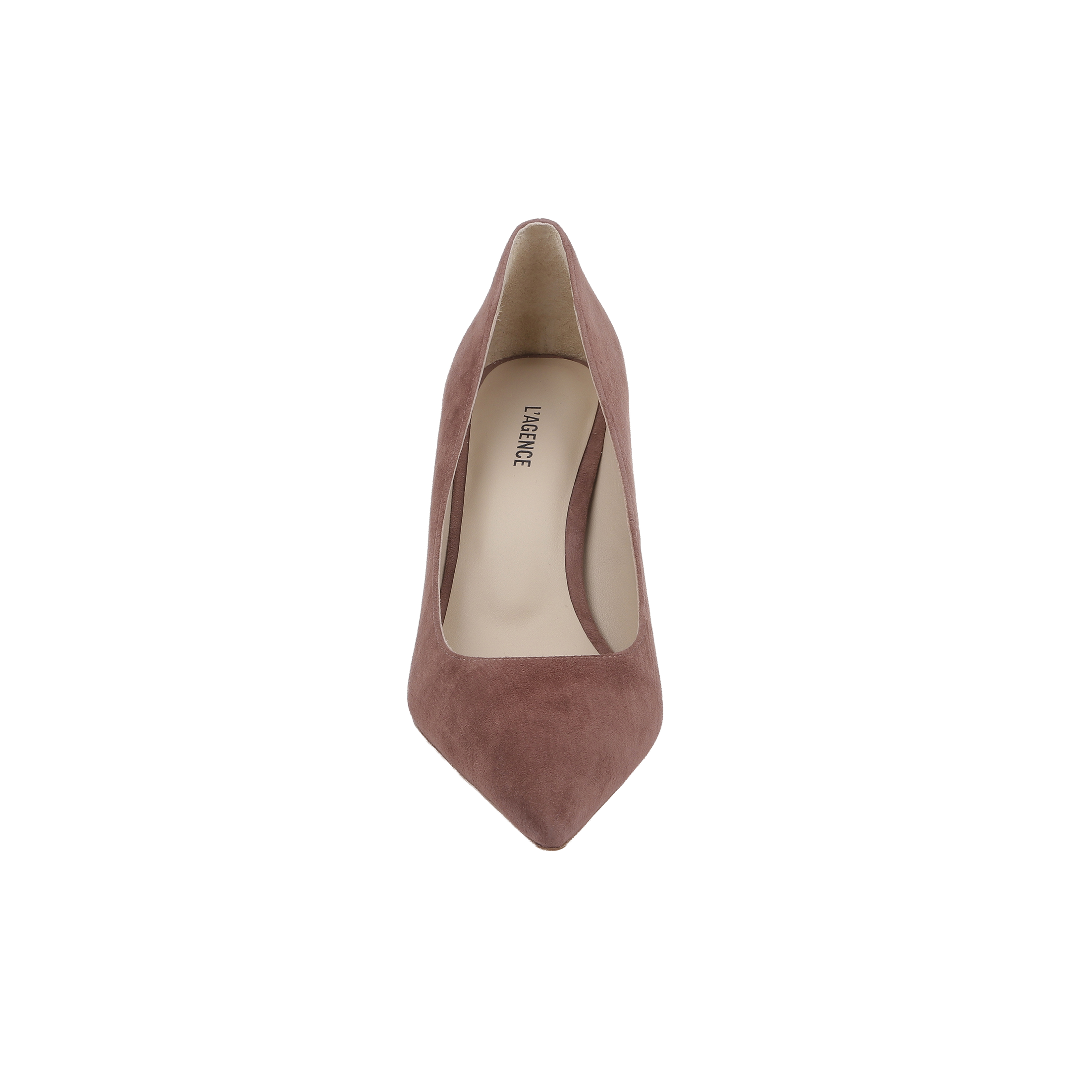 A single mauve-colored Maelle Suede Pump is shown from above on a white background, featuring a pointed toe, stiletto heel, and the word LAREECE printed on the insole.