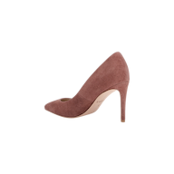 The Maelle Suede Pump is a single mauve classic shoe featuring a pointed toe and stiletto heel, displayed in profile against a plain white background.