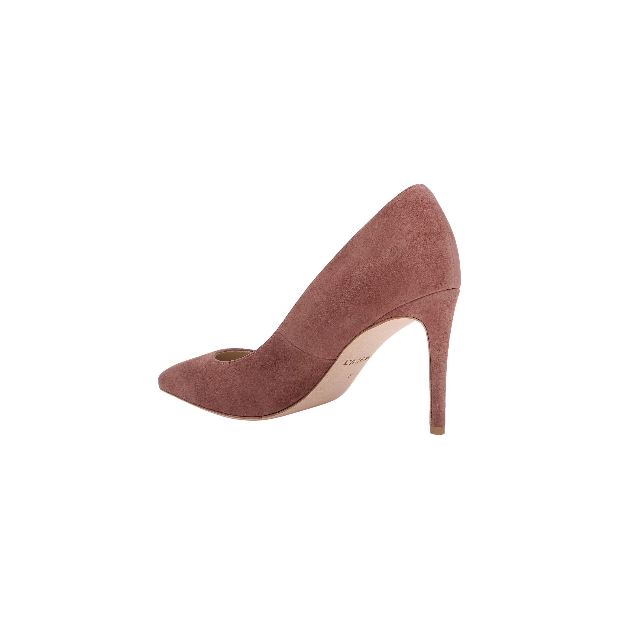 The Maelle Suede Pump is a single mauve classic shoe featuring a pointed toe and stiletto heel, displayed in profile against a plain white background.