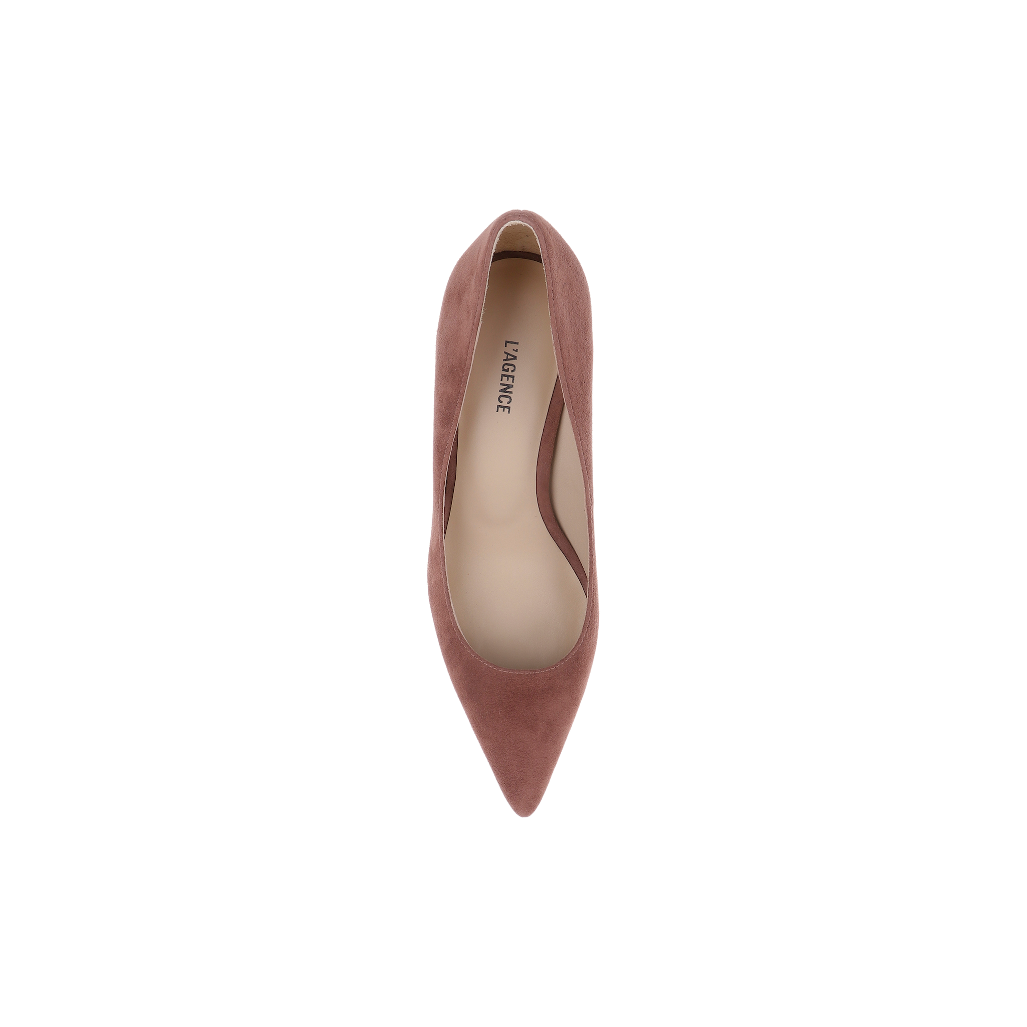 A single Maelle Suede Pump in dusty rose, featuring a pointed toe and stiletto heel, is shown from above on a plain white background.