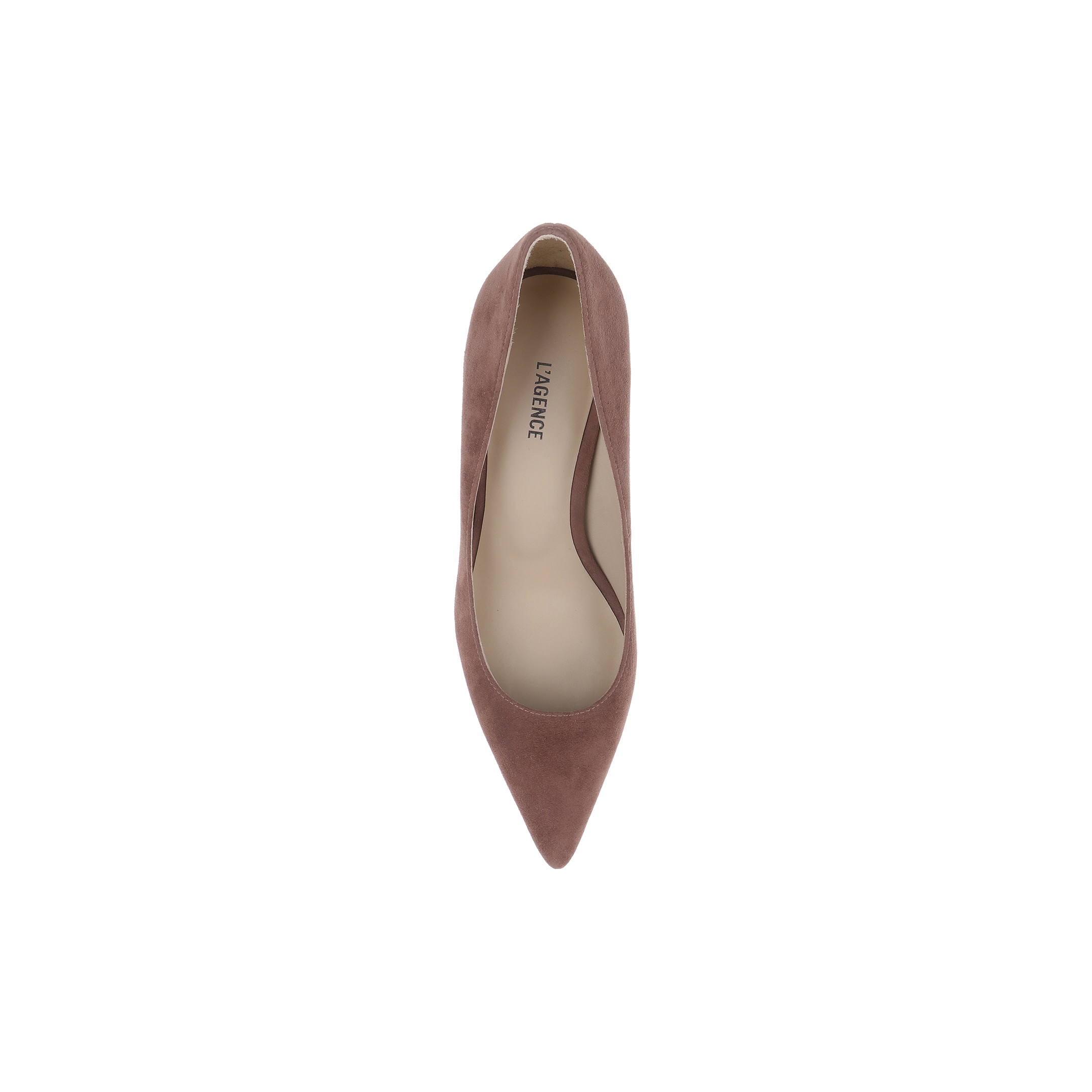 A single Maelle Suede Pump in dusty rose, featuring a pointed toe and stiletto heel, is shown from above on a plain white background.