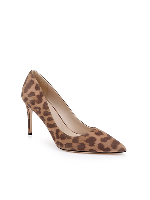 The Maelle Suede Pump is a single leopard print stiletto with a pointed toe and brown and tan suede upper, shown against a white background.