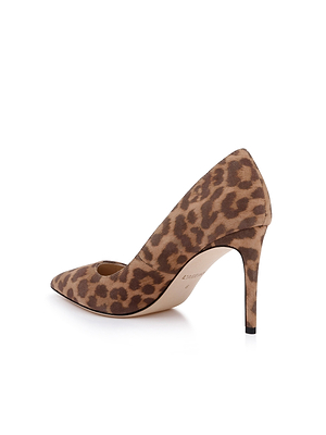 The Maelle Suede Pump is a brown and tan leopard print stiletto with a pointed toe and smooth suede upper, creating an elegant silhouette. Shown against a white background.