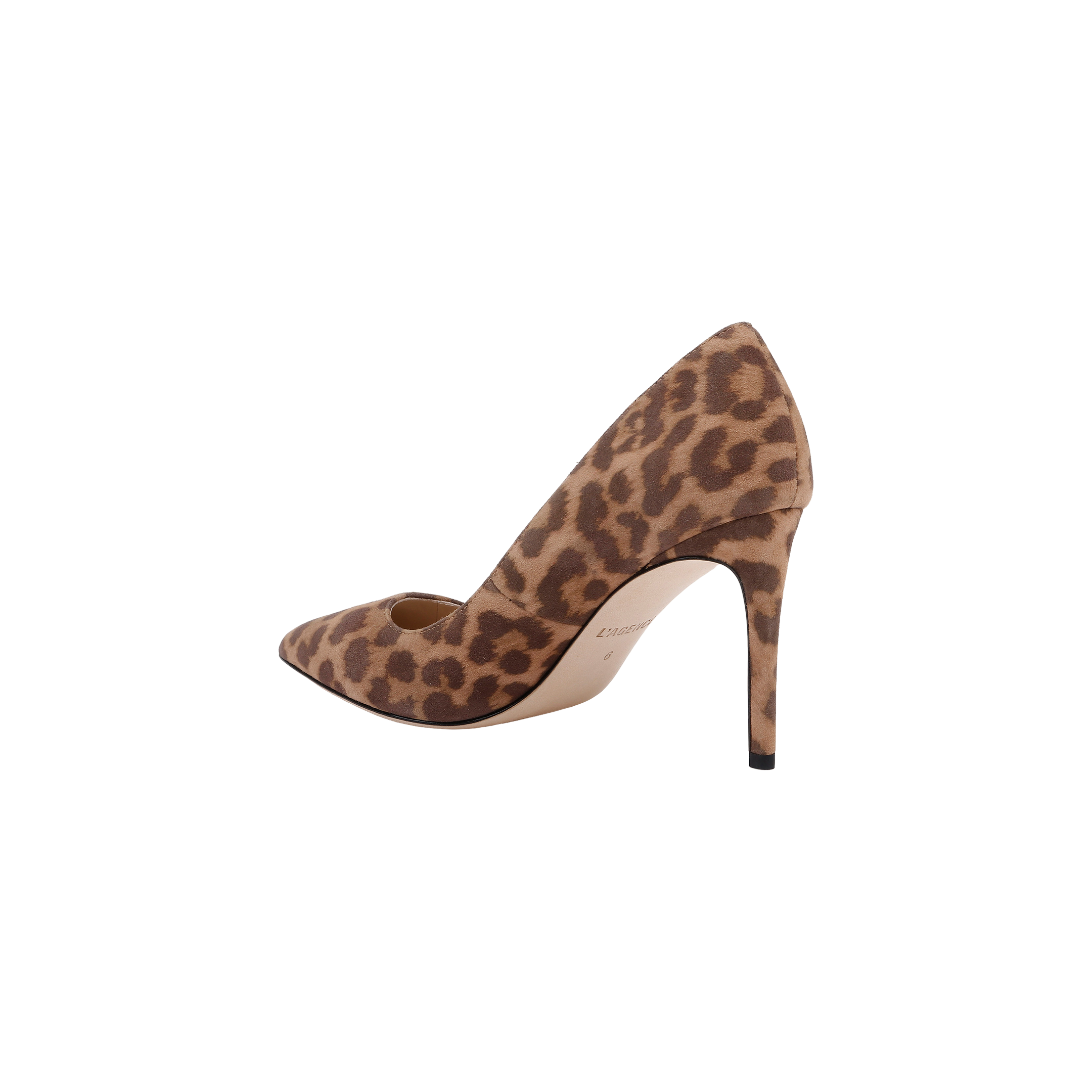 The Maelle Suede Pump is a classic high-heeled pump featuring a pointed toe and stiletto heel, crafted from brown and tan leopard print suede, shown in profile on a white background.