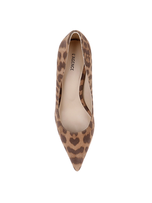 Top view of the Maelle Suede Pump—a single leopard print stiletto with a pointed toe and brown and tan suede upper. Displayed on a white background, the insole features the LAGENCE brand name.
