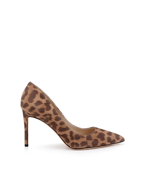 The Maelle Suede Pump is a single leopard print stiletto with a pointed toe and soft brown and tan suede upper, shown on a white background.