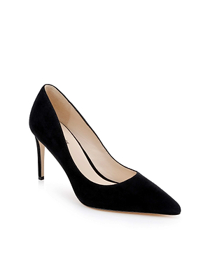 The Maelle Suede Pump by L'AGENCE features black suede, a pointed toe, and a slim stiletto heel, shown against a plain white background.