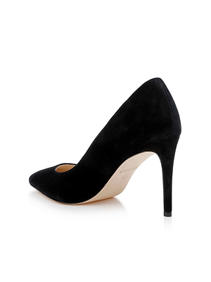 The L'AGENCE Maelle Suede Pump in black features a pointed toe and stiletto heel, shown elegantly from the back and side on a white background.