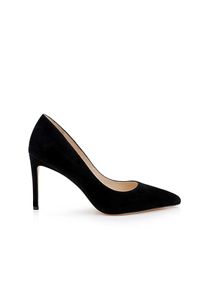 The Maelle Suede Pump by L'AGENCE is a black suede classic with a pointed toe and slender stiletto heel, shown on a white background.