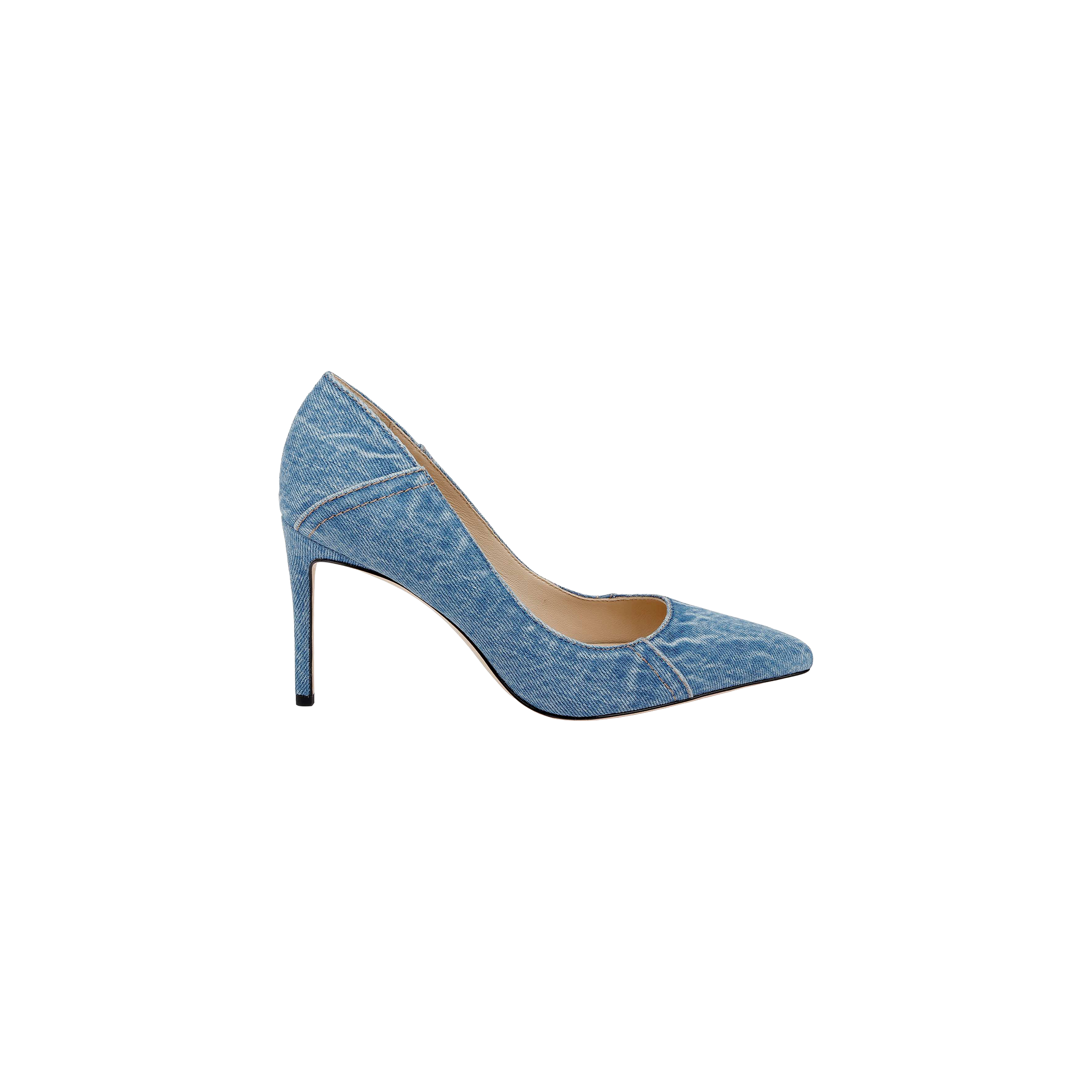 Maelle Denim Pump featuring a pointed toe and stiletto heel, showcased in blue denim and viewed from the side on a plain white background.