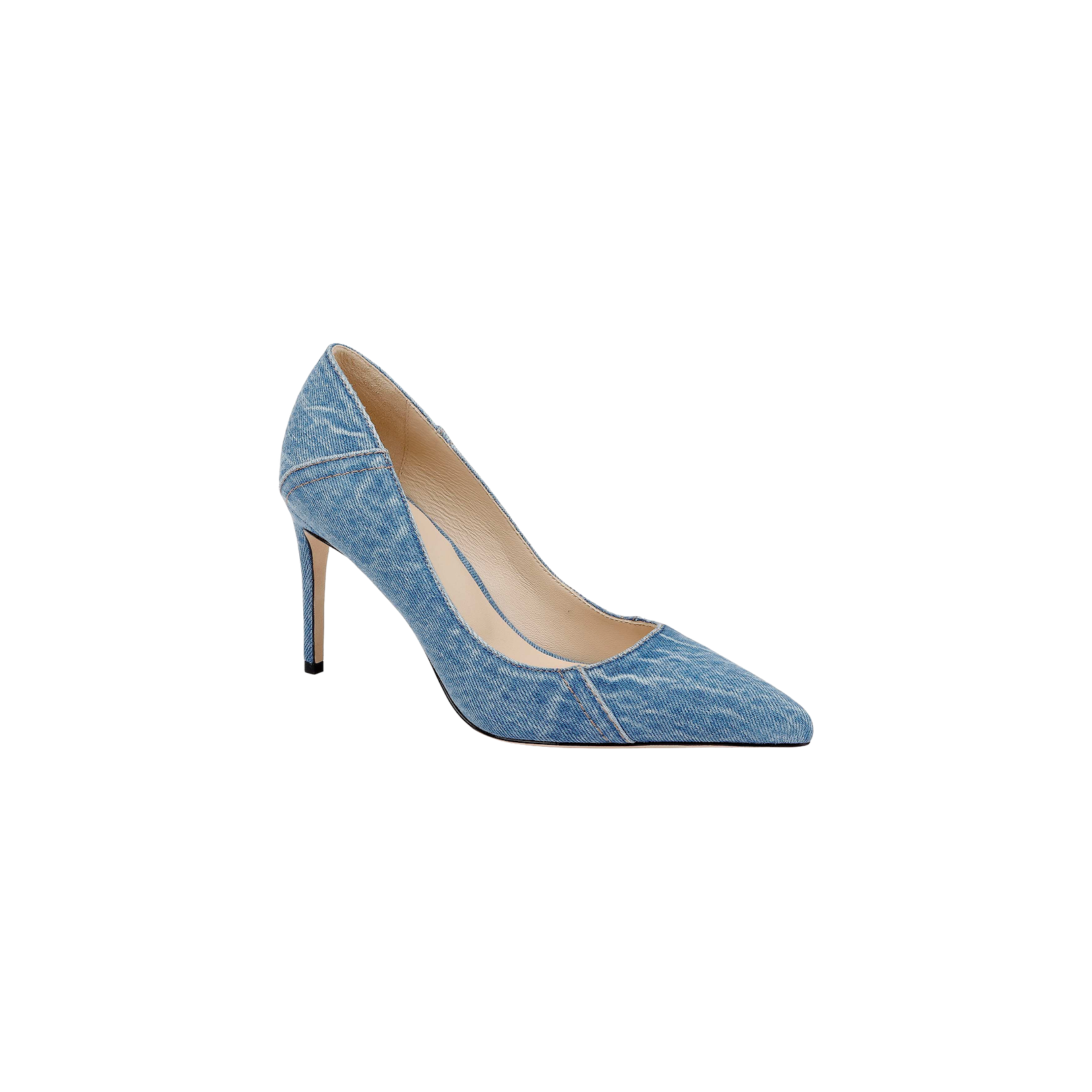 The Maelle Denim Pump is showcased on a plain white background, featuring a light blue denim exterior, pointed toe, stiletto heel, and beige interior.