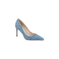 The Maelle Denim Pump is showcased on a plain white background, featuring a light blue denim exterior, pointed toe, stiletto heel, and beige interior.