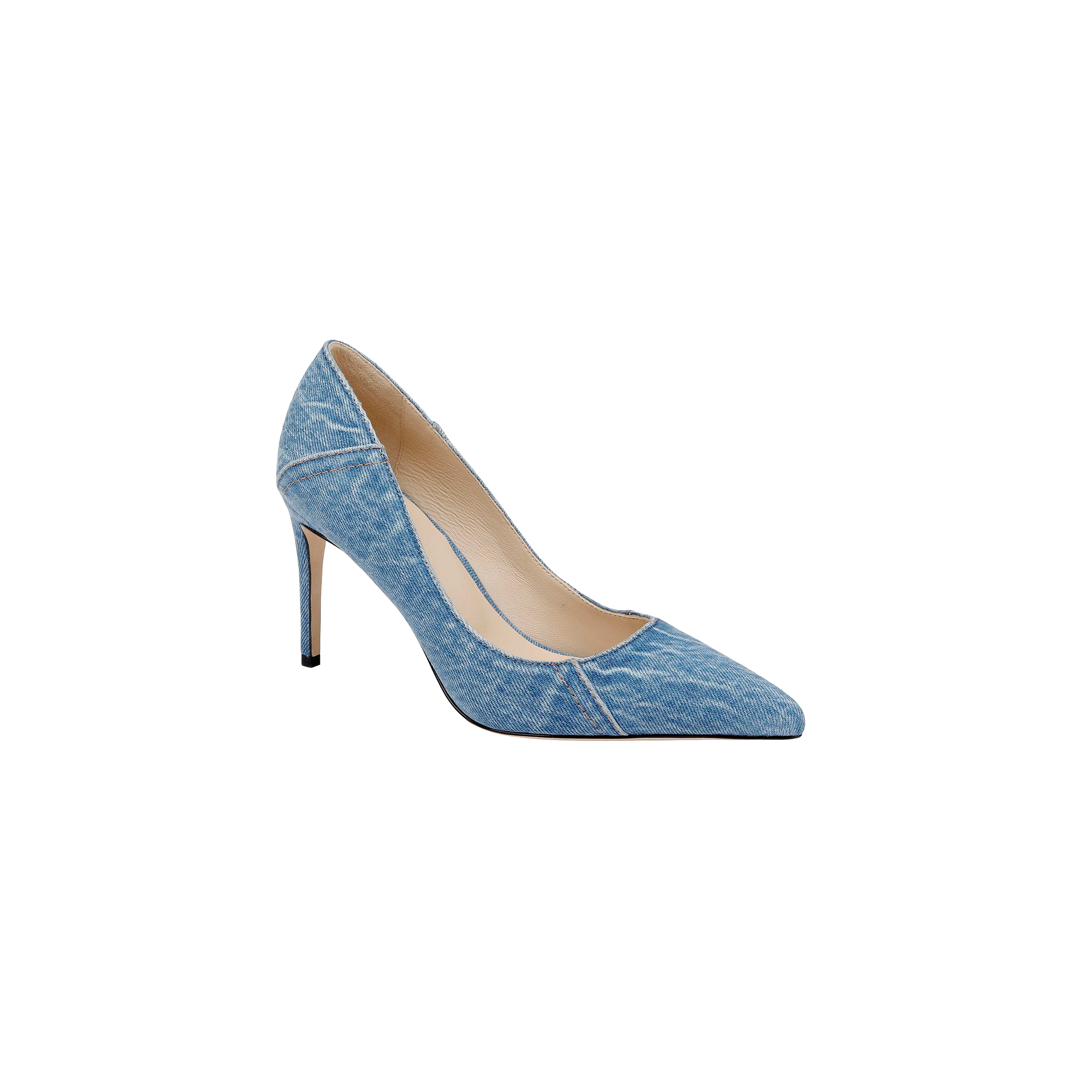 The Maelle Denim Pump is showcased on a plain white background, featuring a light blue denim exterior, pointed toe, stiletto heel, and beige interior.