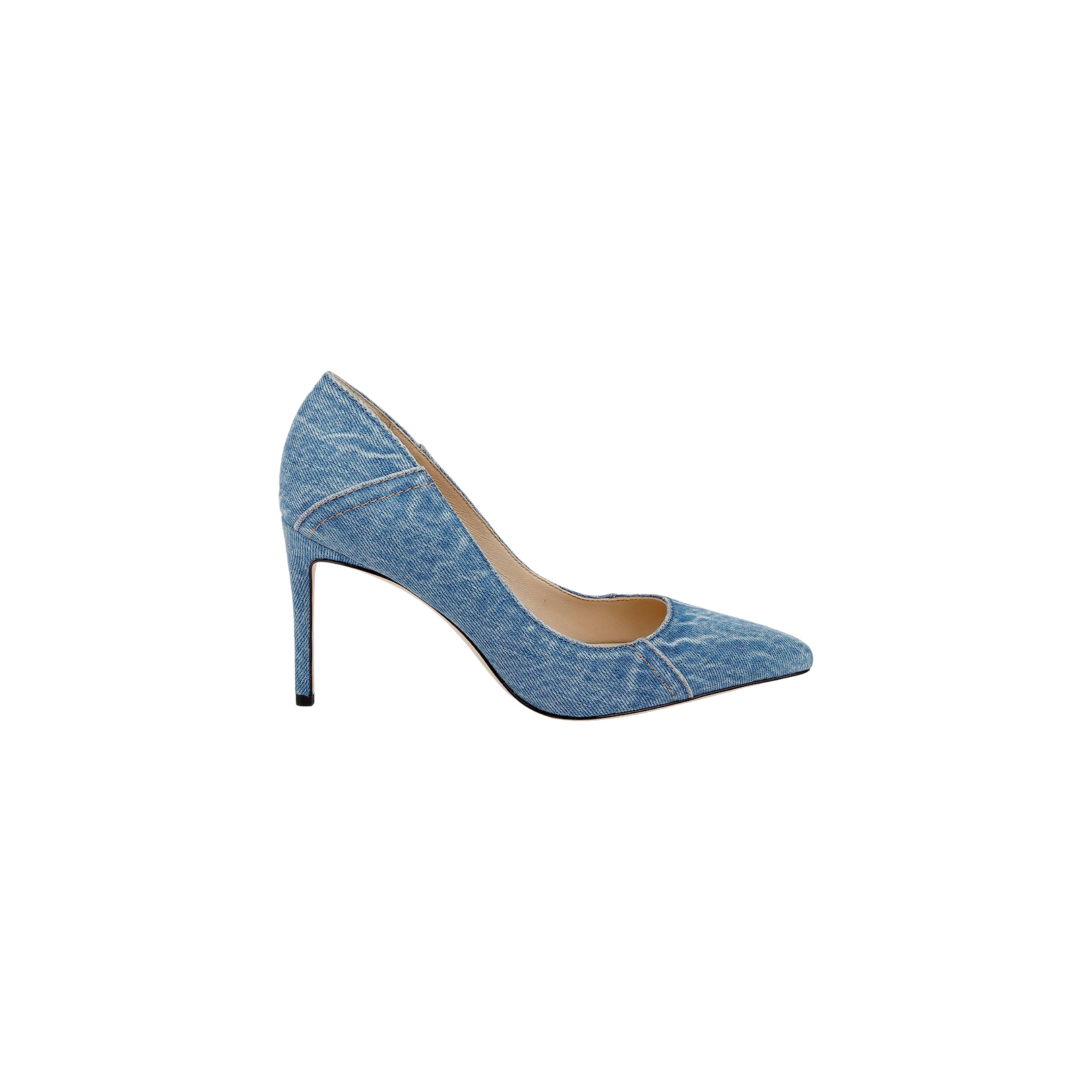 The Maelle Denim Pump, featuring a pointed toe and stiletto heel in blue denim, is displayed on a plain white background.