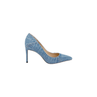The Maelle Denim Pump, featuring a pointed toe and stiletto heel in blue denim, is displayed on a plain white background.