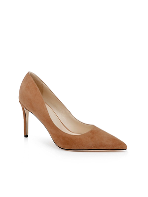 The Maelle Suede Pump by L'AGENCE features a tan suede pointed toe and slim stiletto heel. This elegant women's shoe is shown on a white background.