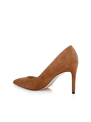 The Maelle Suede Pump by L'AGENCE is displayed in a left side profile, featuring tan suede, a pointed toe, and classic stiletto heel design against a white background for an elegant women’s shoe style.