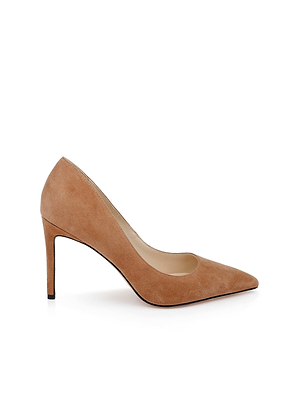 The Maelle Suede Pump by L'AGENCE is a tan pointed-toe stiletto with a minimalist design, slender heel, and elegant style for women, shown on a white background.