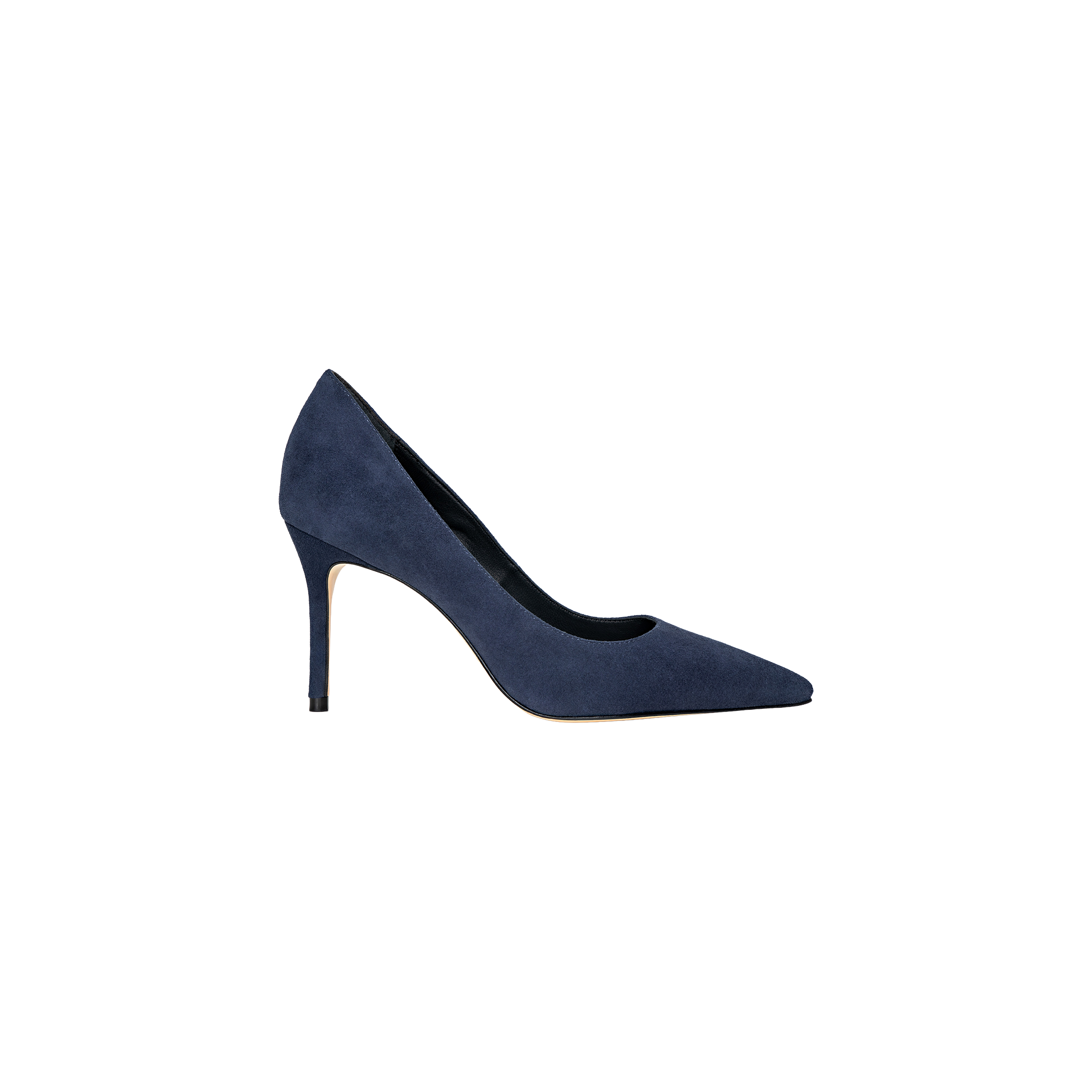 The Maelle Suede Pump is a navy blue stiletto high-heeled shoe crafted from suede, featuring a pointed toe, slim heel, and classic, elegant design with a memory foam insole. It is photographed on a plain white background.
