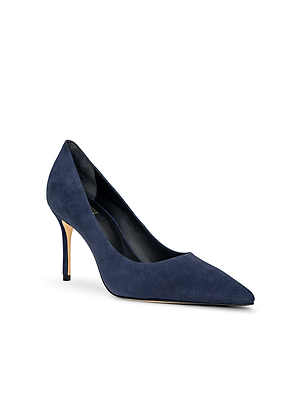 The Maelle Suede Pump by L'AGENCE features a navy blue suede stiletto heel, pointed toe, and supportive memory foam insole, shown on a white background.