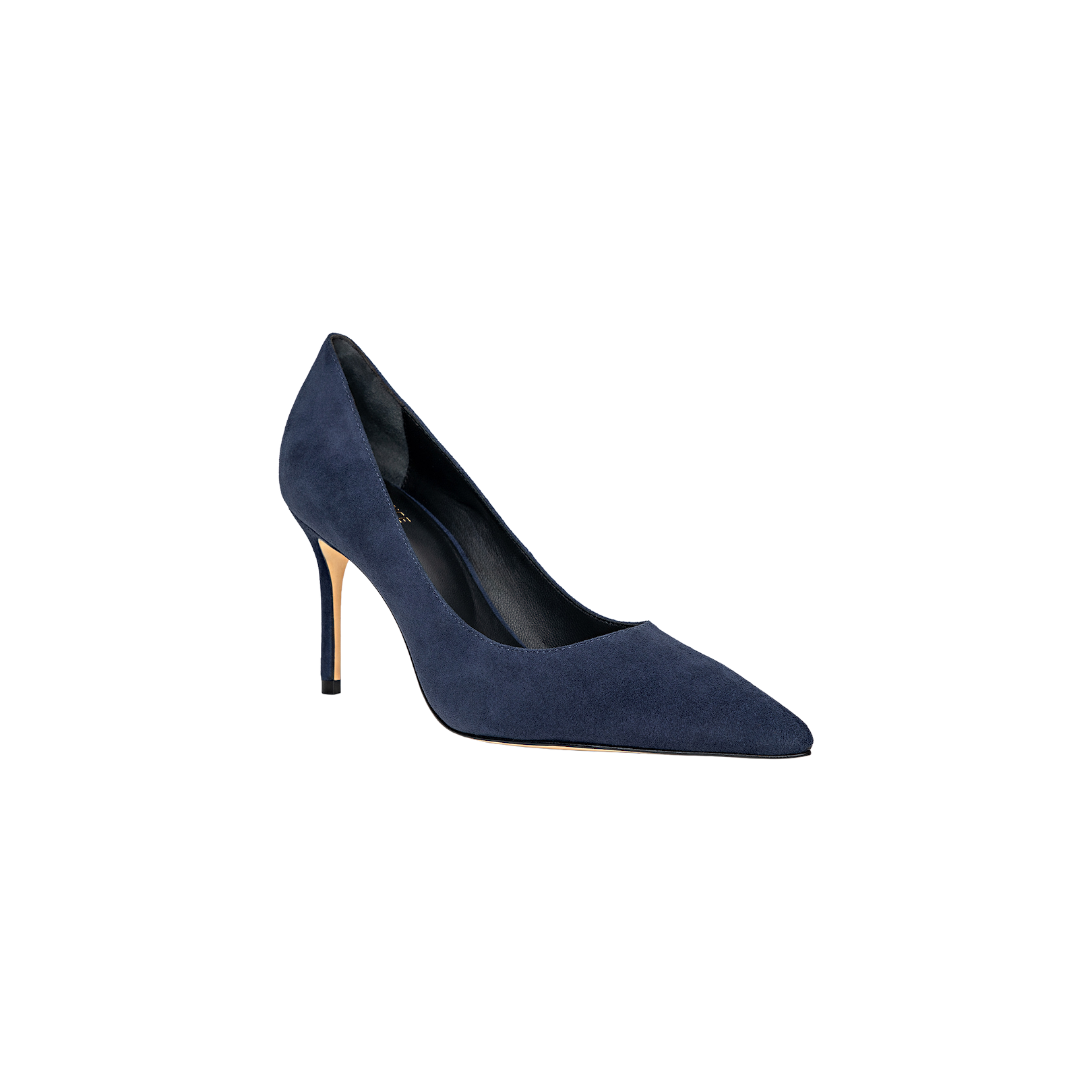 The Maelle Suede Pump, a single navy blue stiletto with a pointed toe and thin high heel, is displayed against a plain white background. This classic pump features a memory foam insole for added comfort.