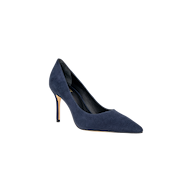 The Maelle Suede Pump, a single navy blue stiletto with a pointed toe and thin high heel, is displayed against a plain white background. This classic pump features a memory foam insole for added comfort.