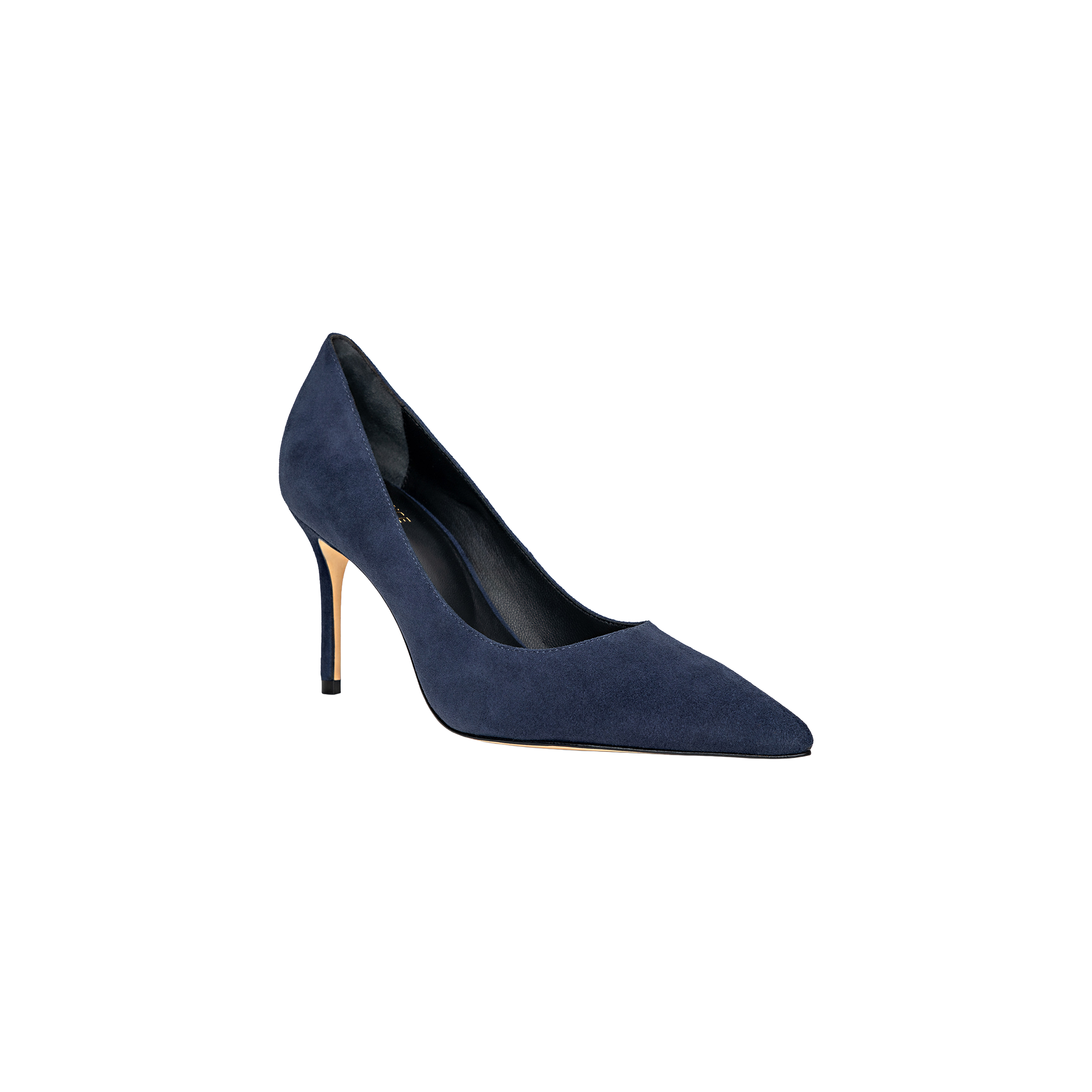 The Maelle Suede Pump, a single navy blue stiletto with a pointed toe and thin high heel, is displayed against a plain white background. This classic pump features a memory foam insole for added comfort.