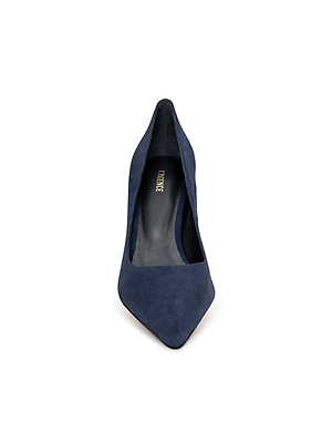 The Maelle Suede Pump by L'AGENCE is shown in navy blue from the front against a white background, featuring a stiletto heel and a gold-stamped 