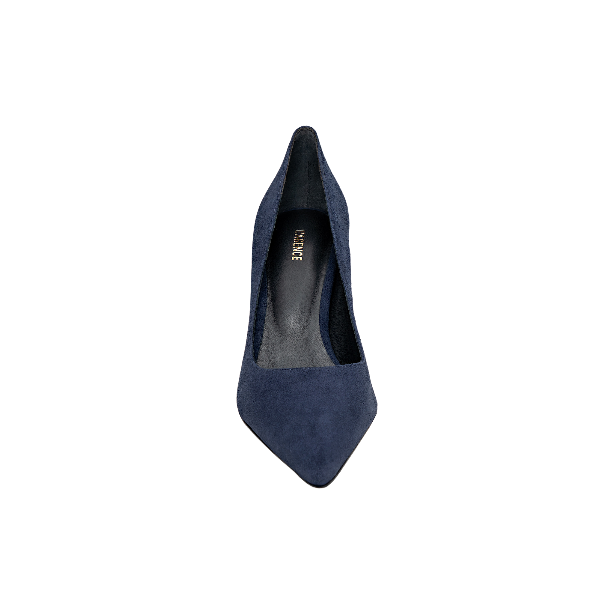 The Maelle Suede Pump, a navy blue pointed-toe stiletto high-heel shoe, is photographed from above on a white background.