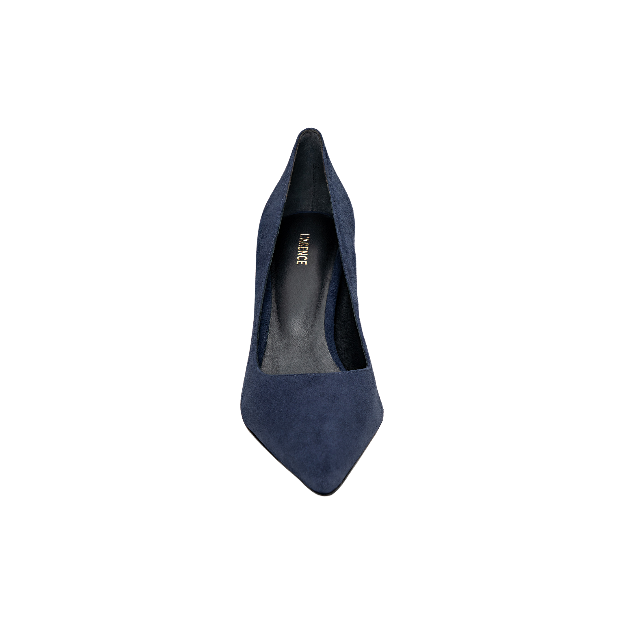The Maelle Suede Pump, a navy blue pointed-toe stiletto high-heel shoe, is photographed from above on a white background.