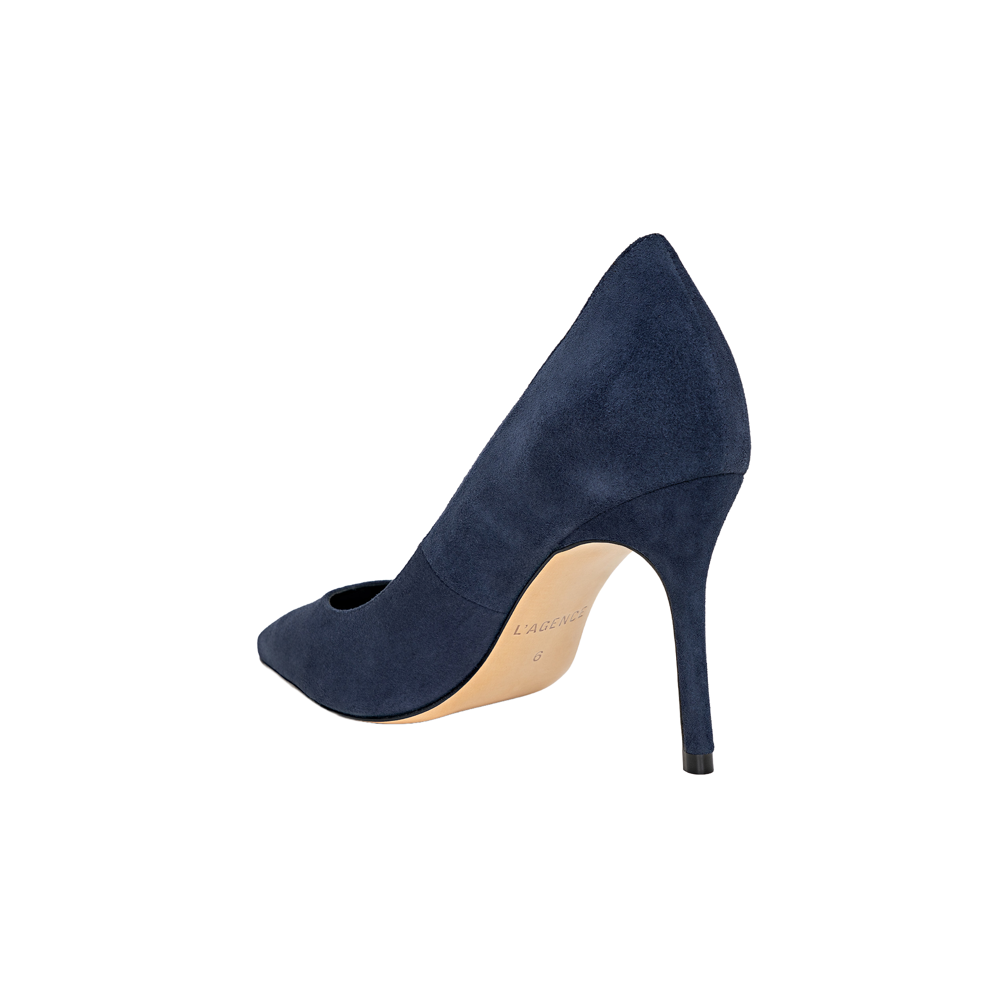 The Maelle Suede Pump, shown in navy blue from a back-side angle on a plain white background, features a high stiletto heel and a comfortable memory foam insole.