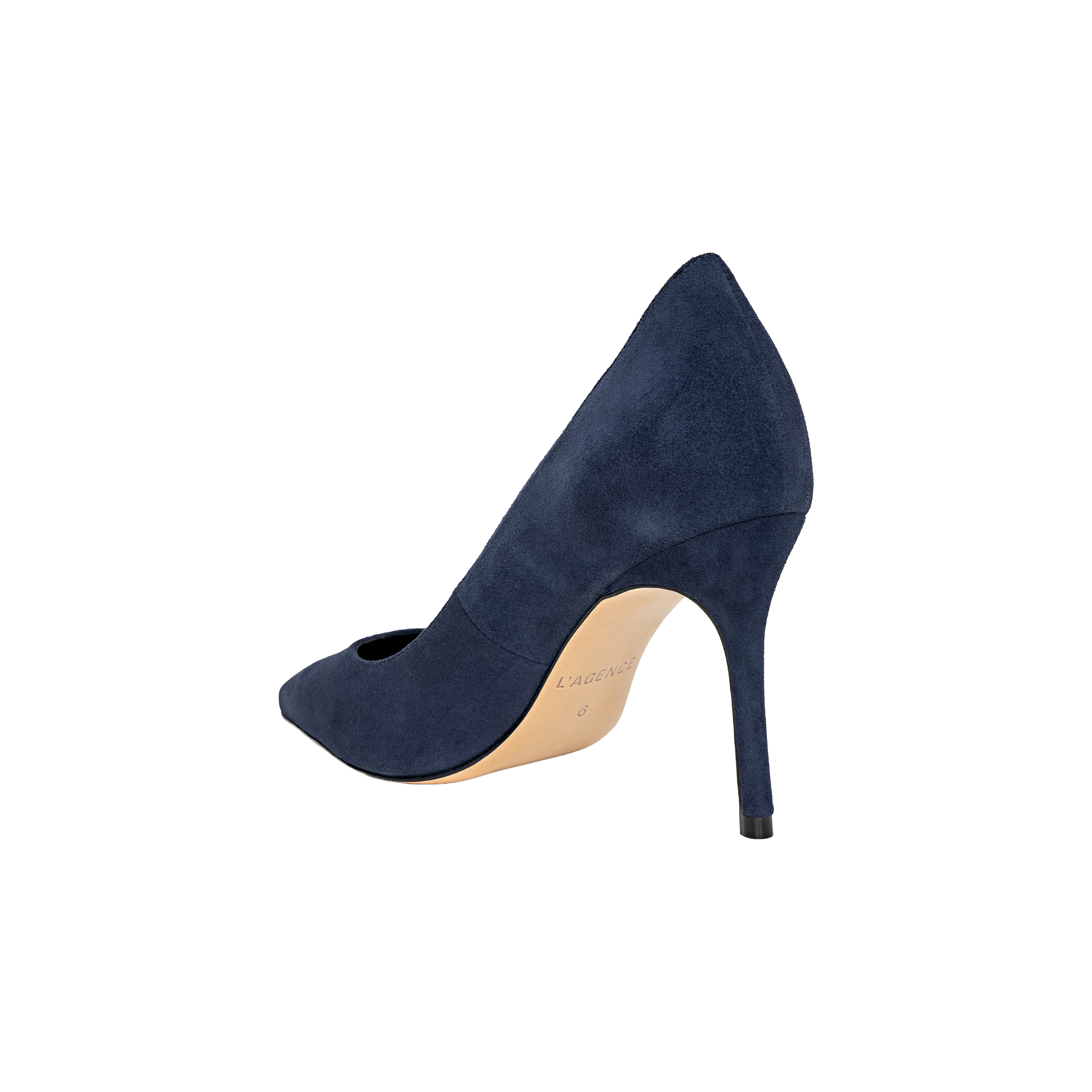 The Maelle Suede Pump, shown in navy blue from a back-side angle on a plain white background, features a high stiletto heel and a comfortable memory foam insole.