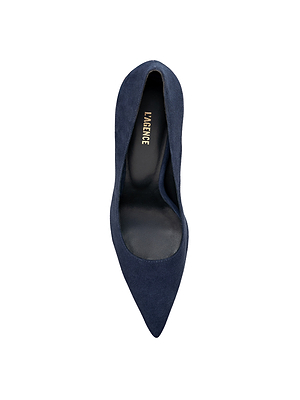 Top view of the Maelle Suede Pump by L'AGENCE in dark blue suede with a pointed toe, black memory foam insole, and 