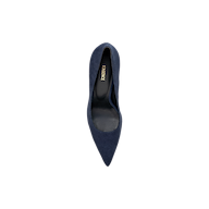 A top view of a single Maelle Suede Pump in navy blue with a pointed toe, displayed on a plain white background. The insole is black with gold text that reads NINE WEST.